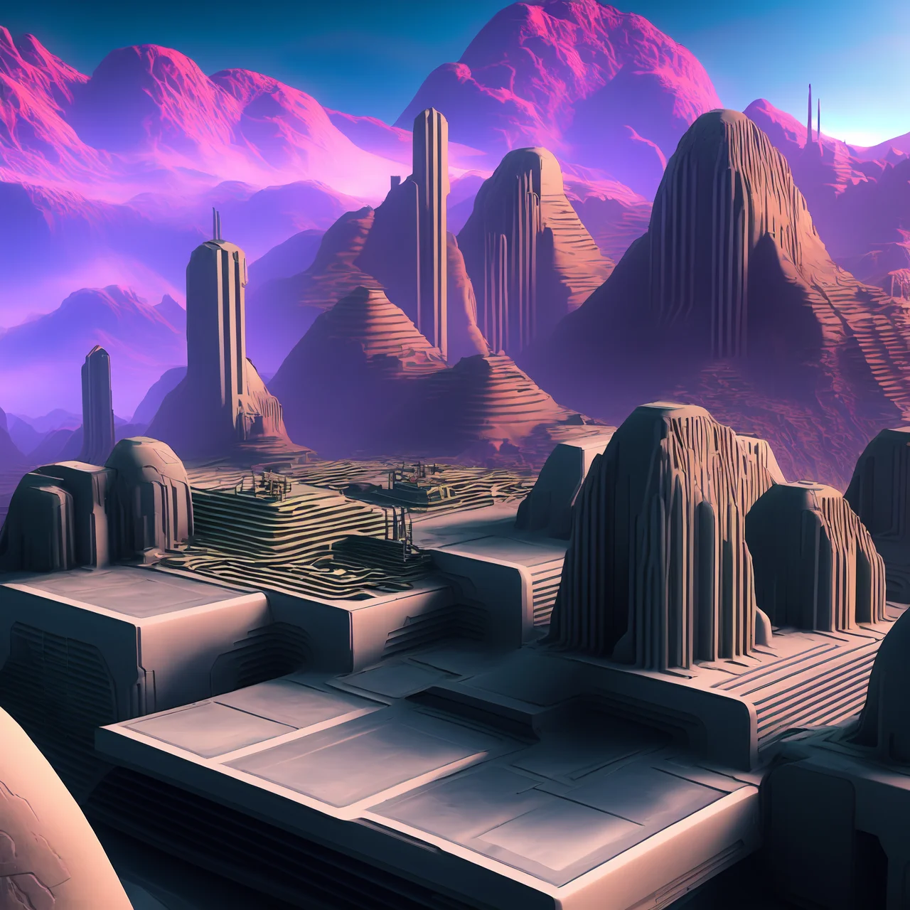 (alientemple:1) a computer generated image of a futuristic city with mountains in the background <lora:AlienTemple_LoraBooth:1>
