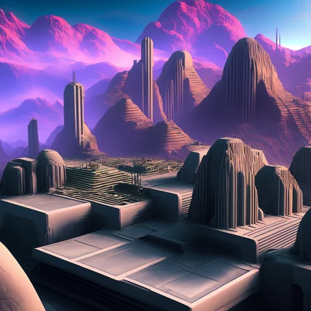 (alientemple:1) a computer generated image of a futuristic city with mountains in the background <lora:AlienTemple_LoraBooth:1>