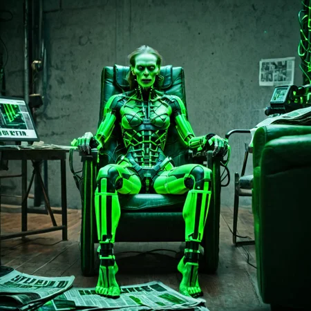 rating_safe,raw photo,cinematic shot,8k,hyperrealistic,film grain,professional photography,indoors,picture of a cybermutant helga covered in glowing green tubes and cybernetic attachments sitting in a chair and reeding newspaper