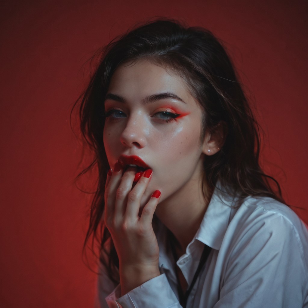 score_9, score_8_up, score_7_up, photograph, 1girl, solo, supermodel, pale skin, detailed, professional photoshoot, cinematic lighting, head out of frame, full red lips, teeth, lipstick, simple red background, (wiping mouth, wiping makeup, (((wiping with the back of the hand))), g0thicPXL, glowing, neon, Expressiveh
