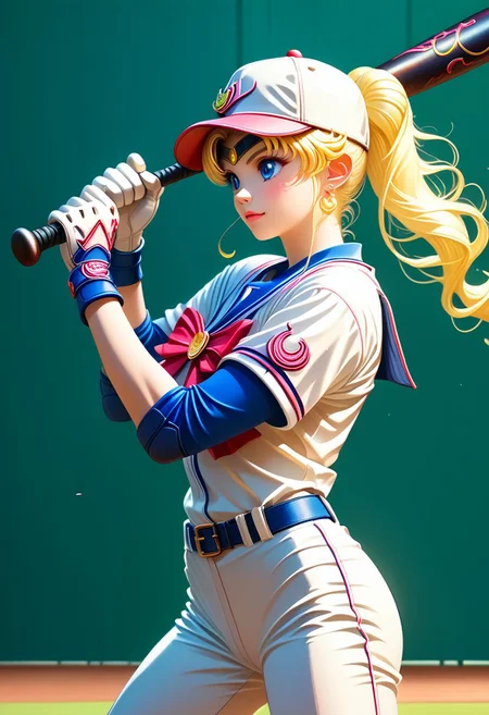 EnD_Niji_Sports, source_anime, Sailor Moon playing baseball,  baseball cap, sportswear, white pants, baseball bat, baseball, baseball uniform, holding baseball bat, BREAK PonyXLV6_Scores