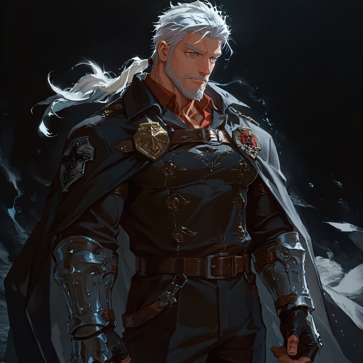 <lora:Ren__Alchemist_Code-000005:.7>, tagatameren, ren_white hair, ren_grey eyes, 1boy, ponytail, solo, male focus, manly, bara, muscle body, mature male, belt, emblem, cape, coat, collared shirt, fingerless gloves, pants, boots, armored gloves
{upper body|cowboy shot}, 
(very short hair), male focus, muscular male, large pectorals, muscular male, bara, mature, (hairy body, hairy, body hair, arm hair, leg hair, hairy body, glossy skin, bara, mature, facial hair, beard, full beard, sideburn, mustache, stubble), facial hair, bara, mature, body hair, aixiwuganda_(20222192), very awa, masterpiece, best quality, absurdres, newest, perfect quality, detailed background, intricate details,<lora:slider_Body Type_alpha1.0_rank4_noxattn_last:2><lora:Anime Summer Days 2 Style SDXL_LoRA_Pony Diffusion V6 XL:.6><lora:merged:.7>, DARK, DARK BACKGROUND, LOW-KEY LIGHTING <lora:slider_cfg_scale_boost:.7><lora:Artist6p:.55>, Artist6p, Artist04p,<lora:slider_il_brightness_slider_d1:-.5><lora:slider_il_contrast_slider_d1:-.25>,<lora:slider_contract_controller_illus01_v1:.3>, <lora:addon_illustriousXLv01_stabilizer_v1.121:.5>,<lora:slider_DarkSlider1.2_alpha1.0_rank16_full_300steps:-.2><lora:Heavenly_Beauty_r1:1>, (heavenlybeauty,)<lora:slider_style_strength_controller_illus01_v1:.25>