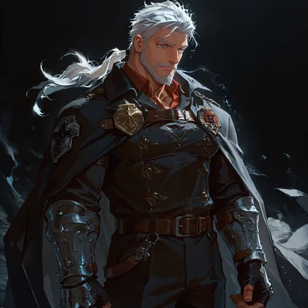 <lora:Ren__Alchemist_Code-000005:.7>, tagatameren, ren_white hair, ren_grey eyes, 1boy, ponytail, solo, male focus, manly, bara, muscle body, mature male, belt, emblem, cape, coat, collared shirt, fingerless gloves, pants, boots, armored gloves
{upper body|cowboy shot}, 
(very short hair), male focus, muscular male, large pectorals, muscular male, bara, mature, (hairy body, hairy, body hair, arm hair, leg hair, hairy body, glossy skin, bara, mature, facial hair, beard, full beard, sideburn, mustache, stubble), facial hair, bara, mature, body hair, aixiwuganda_(20222192), very awa, masterpiece, best quality, absurdres, newest, perfect quality, detailed background, intricate details,<lora:slider_Body Type_alpha1.0_rank4_noxattn_last:2><lora:Anime Summer Days 2 Style SDXL_LoRA_Pony Diffusion V6 XL:.6><lora:merged:.7>, DARK, DARK BACKGROUND, LOW-KEY LIGHTING <lora:slider_cfg_scale_boost:.7><lora:Artist6p:.55>, Artist6p, Artist04p,<lora:slider_il_brightness_slider_d1:-.5><lora:slider_il_contrast_slider_d1:-.25>,<lora:slider_contract_controller_illus01_v1:.3>, <lora:addon_illustriousXLv01_stabilizer_v1.121:.5>,<lora:slider_DarkSlider1.2_alpha1.0_rank16_full_300steps:-.2><lora:Heavenly_Beauty_r1:1>, (heavenlybeauty,)<lora:slider_style_strength_controller_illus01_v1:.25>