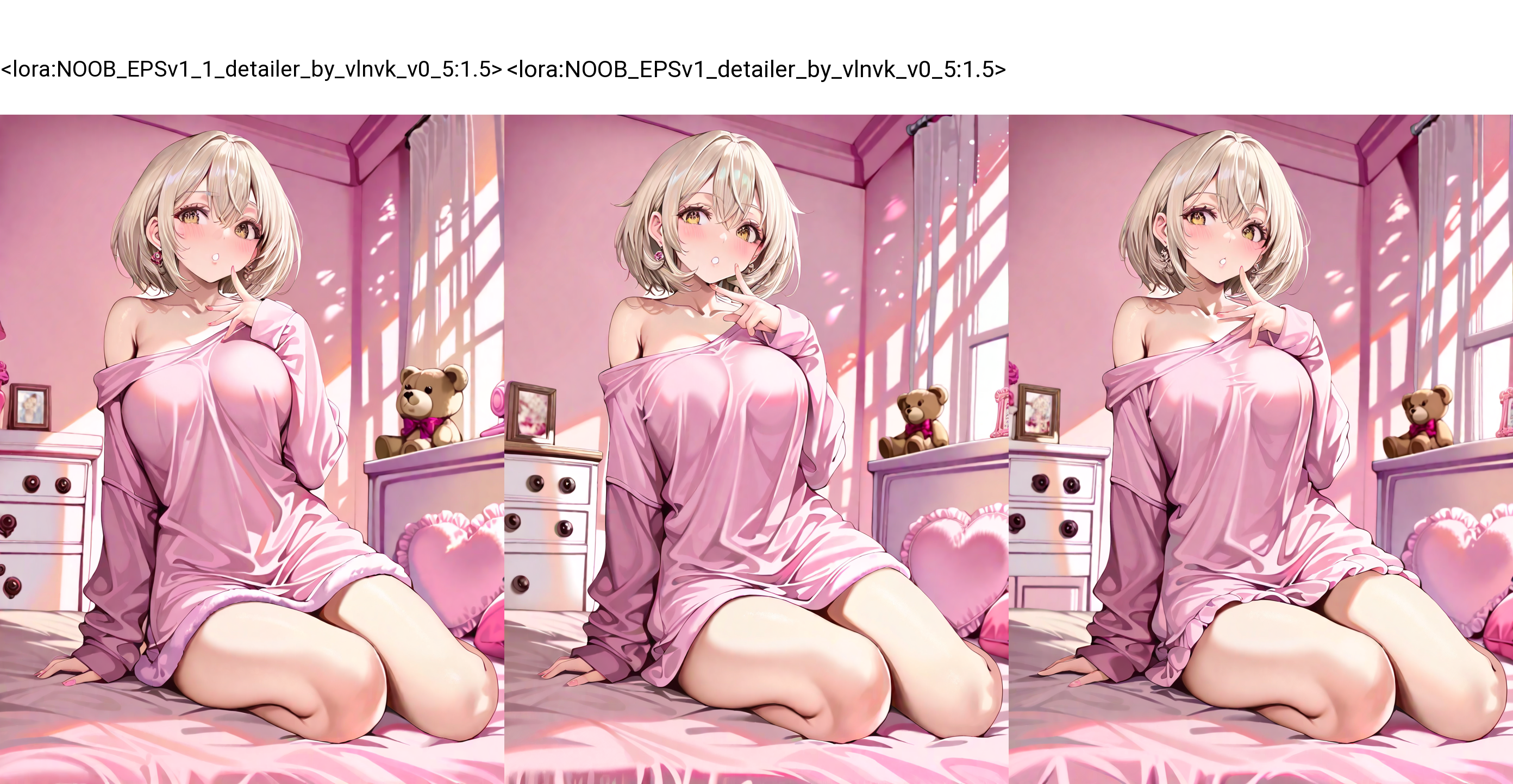 1girl,  platinum blonde hair,bob cut, brown eyes,  pink pajamas, single off shoulder, clutter, pink theme, indoors, bedroom, teddy bear, , lovely, sexy, light shadow, volumetric,
satou kuuki, momoko \(momopoco\), yusha m, dishwasher1910, kcar66t, torino aqua, shunichi, ebifurya,
masterpiece,best quality,amazing quality,very aesthetic,absurdres,newest,  anime screenshot,
, <lora:ponyv4_noob1_2_adamW:0.65>, <lora:NOOB_EPSv1_1_detailer_by_vlnvk_v0_5:1.5>