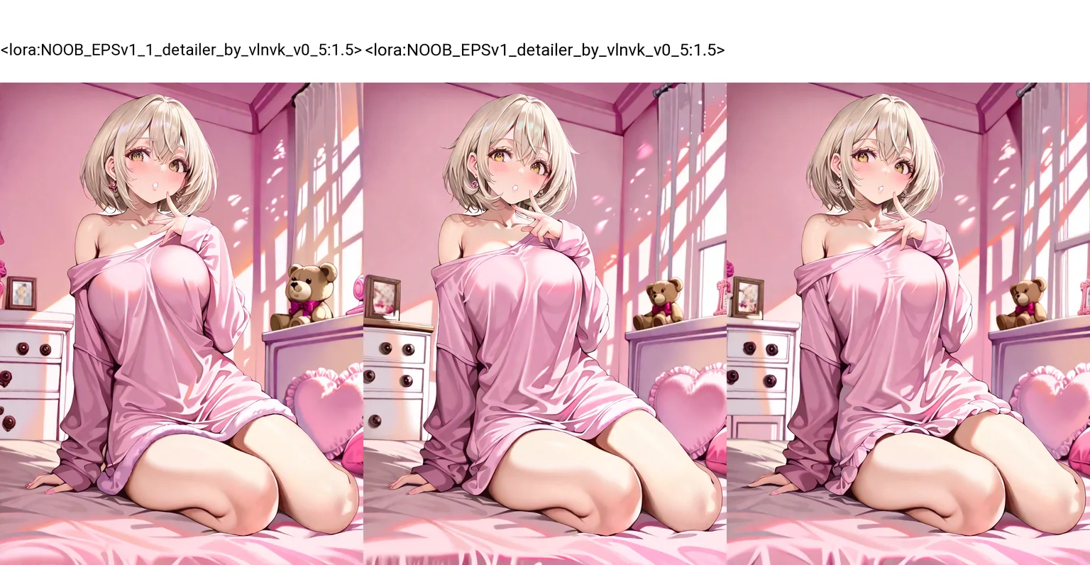 1girl, platinum blonde hair,bob cut, brown eyes, pink pajamas, single off shoulder, clutter, pink theme, indoors, bedroom, teddy bear, , lovely, sexy, light shadow, volumetric,
satou kuuki, momoko \(momopoco\), yusha m, dishwasher1910, kcar66t, torino aqua, shunichi, ebifurya,
masterpiece,best quality,amazing quality,very aesthetic,absurdres,newest, anime screenshot,
, <lora:ponyv4_noob1_2_adamW:0.65>, <lora:NOOB_EPSv1_1_detailer_by_vlnvk_v0_5:1.5>