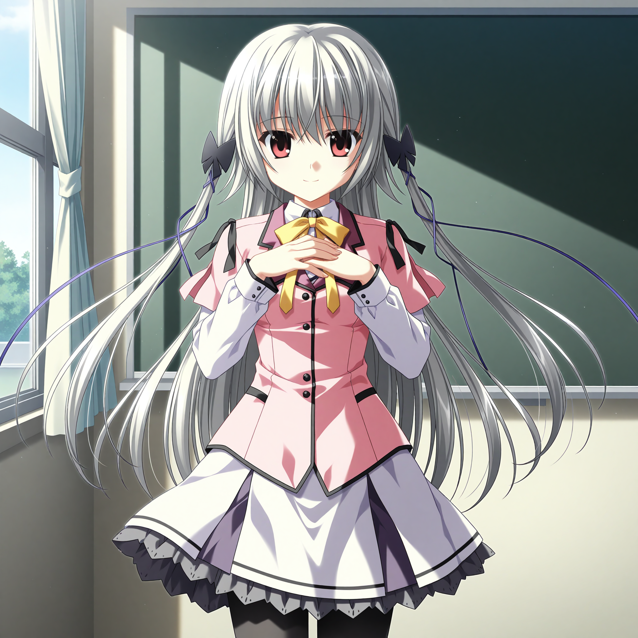 <lora:Kamishiro_Alice_1_nai-000029:1>,Kamishiro Alice,hair ribbon,purple ribbon,hair bow,black bow,
school uniform,yellow bowtie,white shirt,pink jacket,collared jacket,short over long sleeves,shoulder ribbon,black ribbon,white skirt,frilled skirt,black pantyhose,miniskirt,
BREAK
1girl,solo,smile,standing,straight-on,looking at viewer,front view,curtains,window,wind,day,classroom,chalkboard,own hands together,hands on own chest,floating hair,