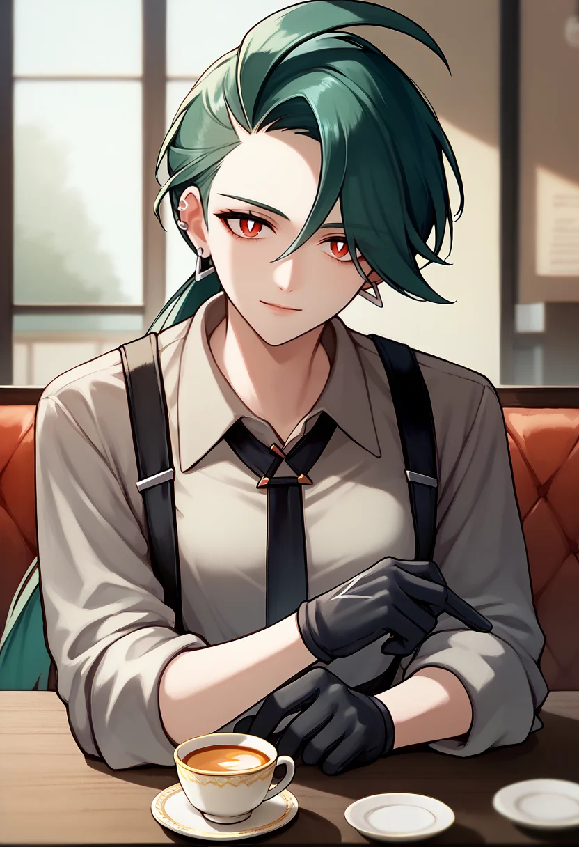 score_9, score_8_up, score_7_up, upper body, solo, 1girl, pokemonr1ka, light smile, looking at viewer, hands on table, ahoge, ponytail, white pupils, grey shirt, collared shirt, black necktie, suspenders, sleeves rolled up, black gloves, earrings, indoors, cafe, table, teacup <lora:pokemon_rika_ponyXL:1>