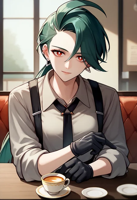 score_9, score_8_up, score_7_up, upper body, solo, 1girl, pokemonr1ka, light smile, looking at viewer, hands on table, ahoge, ponytail, white pupils, grey shirt, collared shirt, black necktie, suspenders, sleeves rolled up, black gloves, earrings, indoors, cafe, table, teacup <lora:pokemon_rika_ponyXL:1>
