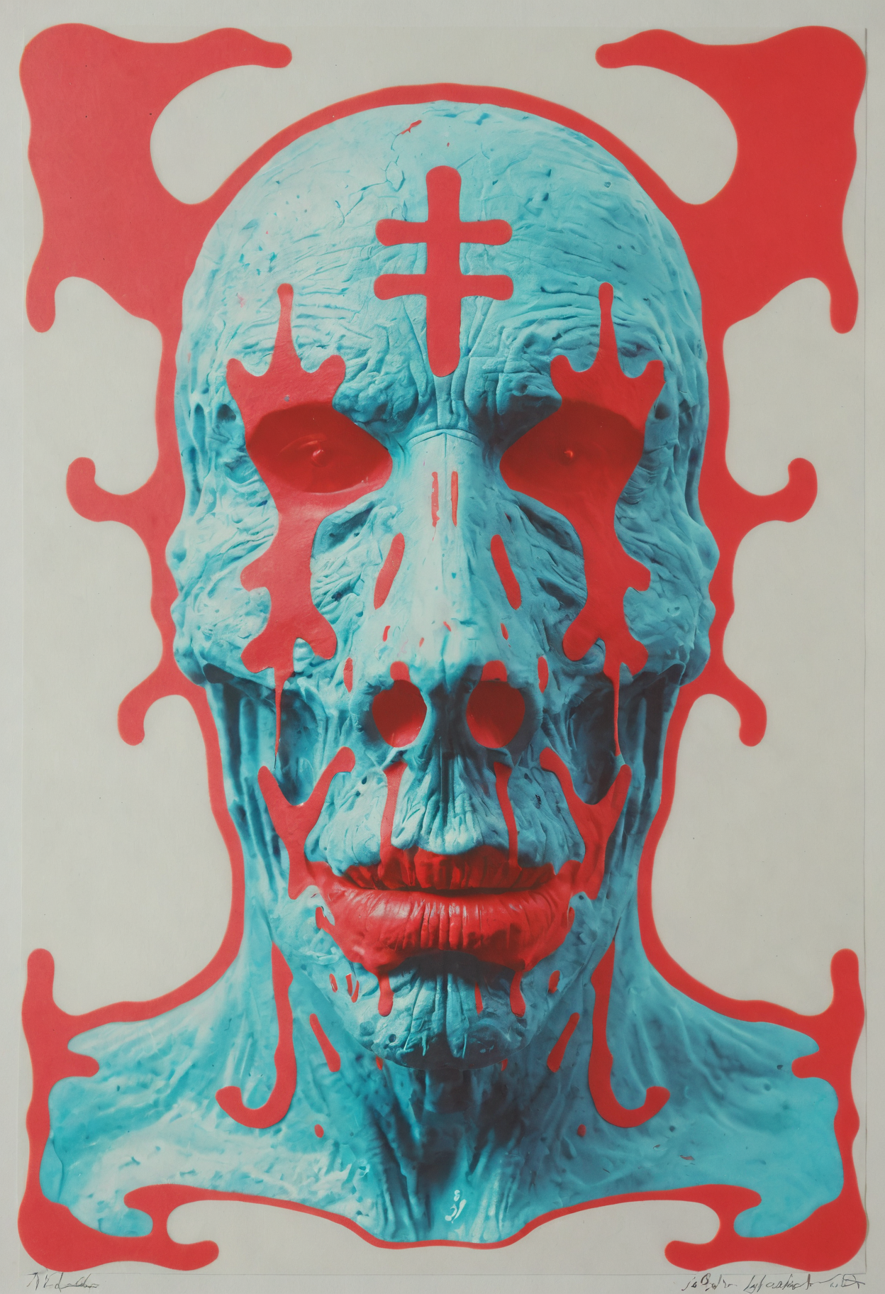Anaglyph 3D, retro risograph printed rorschach test, Jonathan Meese, <lora:add-detail-xl:1>