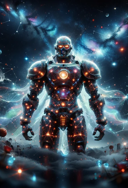 Closeup of a evil robot in space, starry_morph, backlight, glow, sparkle, black background, bokeh, looking at viewer , depth of field, masterpiece, colorful, vibrant, dynamic angle, dynamic pose, dramatic light, highly detailed, score_9, score_8_up, score_7_up,PG