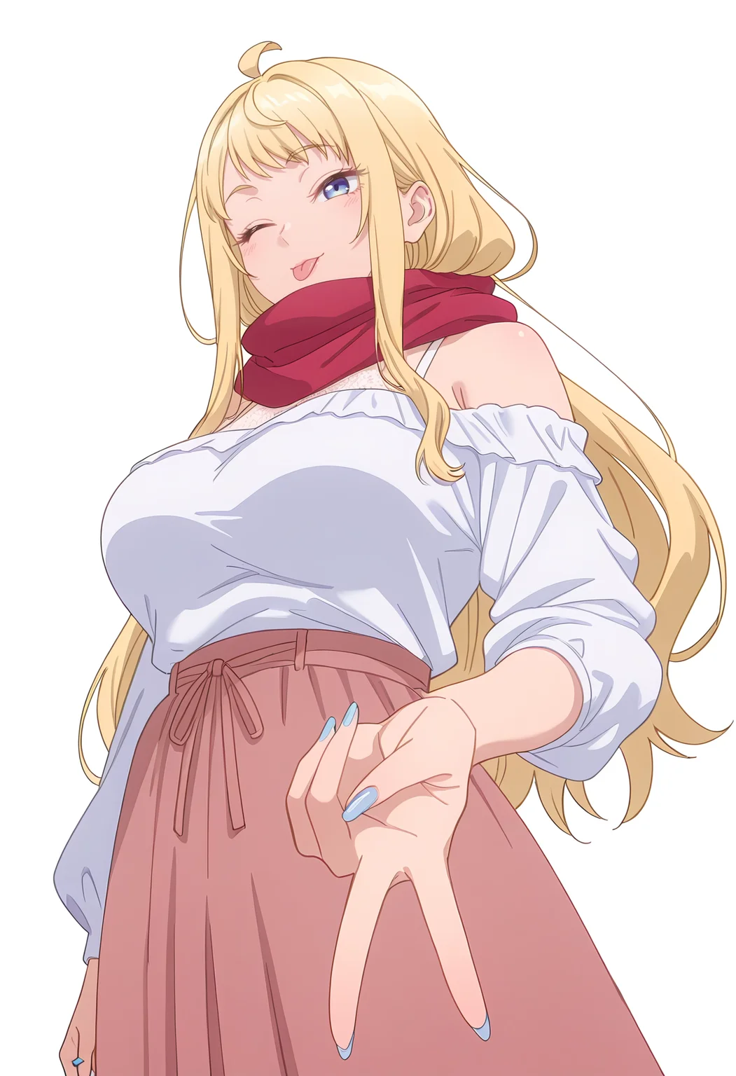 Smooth Quality,masterpiece,beautiful aesthetic, very intricate, high quality details, ultra realistic, high detailed skin,
simple background, white background,
from below,gyaru v,;p,
long skirt, ,off-shoulder top, ,Hand chains, <lora:Fuyuki_Minamicnn:0.8> minami/cnn, 1girl, long hair, blue eyes, large breasts, red scarf, ahoge,