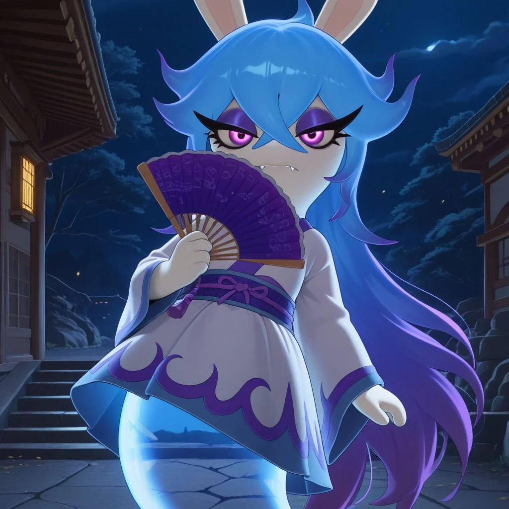 masterpiece, best quality, amazing quality, midnit3, female, furry female, solo, white body, rabbit ears, long hair, blue hair, purple highlights, purple eyes, eyelashes, purple eyelids, fangs, ghost tail, translucent tail, japanese kimono, narrowed eyes, holding hand fan, covering face with fan, looking at viewer, outdoors, night