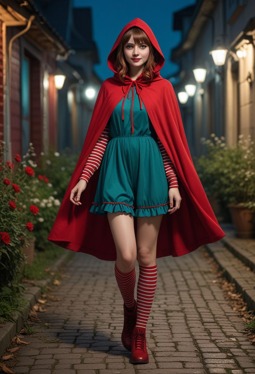 (medium full shot) of (adventurous red riding hood) young woman, russian, fair skin, turquoise eyes, tiny build, short red curtain bangs hair, wearing a dark red hooded cape, ruffled blouse , striped leggings, comfortable walking shoes, rosy cheeks, floral hairpin, set in  , at night, woman smiling, Masterpiece,best quality, photo, realistic, very aesthetic, detailed face,