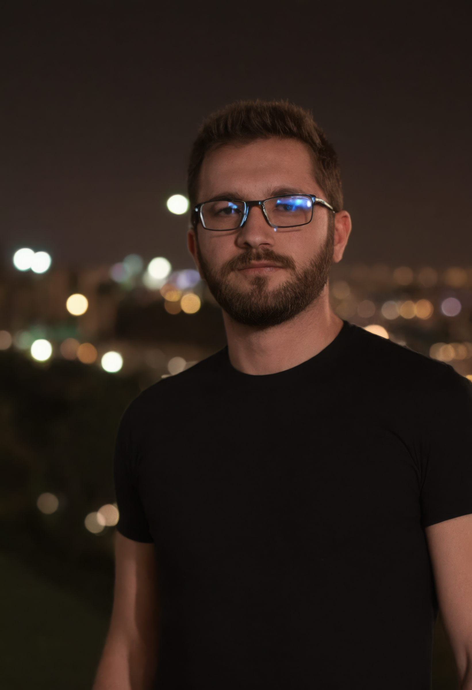 nighttime, 1boy, male focus, glasses, solo, shirt, facial hair, arm hair, blurry, black shirt, blurry background, <lora:sdxl_nighttime:1>