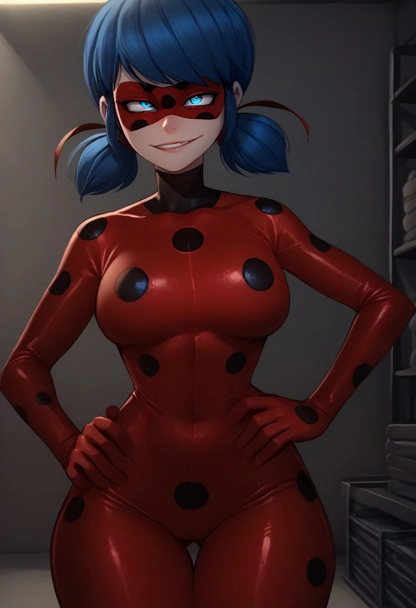score_9, score_8_up, score_7_up, (highres, high resolution, 8k, highest quality, best quality, masterpiece, extremely detailed), soft lighting, volumetric lighting, 2d, perfect eyes,
BREAK,
score_9,
BREAK,
imtdldybg, bodysuit, red bodysuit, polka dot, mask, domino mask, blue hair, blue eyes, low twintails, short twintails, hair ribbon, superhero, skin tight.
large breasts, curvy, wide hips, slim figure, hourglass figure,
indoors,
warehouse,
heroic pose, smug face, hand on hip, swaying hips, looking at viewer, arrogant, confident, smug,