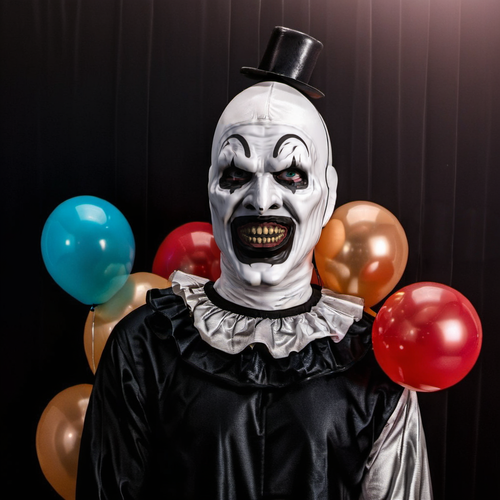 a scary clown holds balloons  <lora:Art1024:0.8>