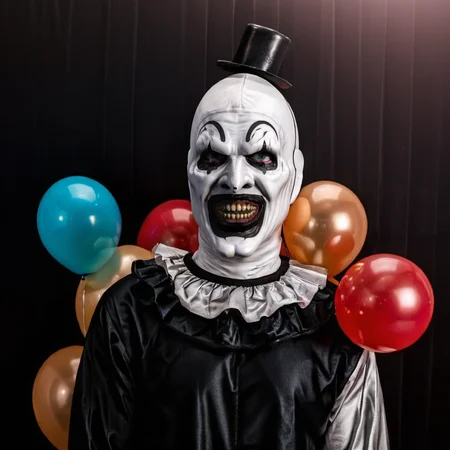 a scary clown holds balloons <lora:Art1024:0.8>