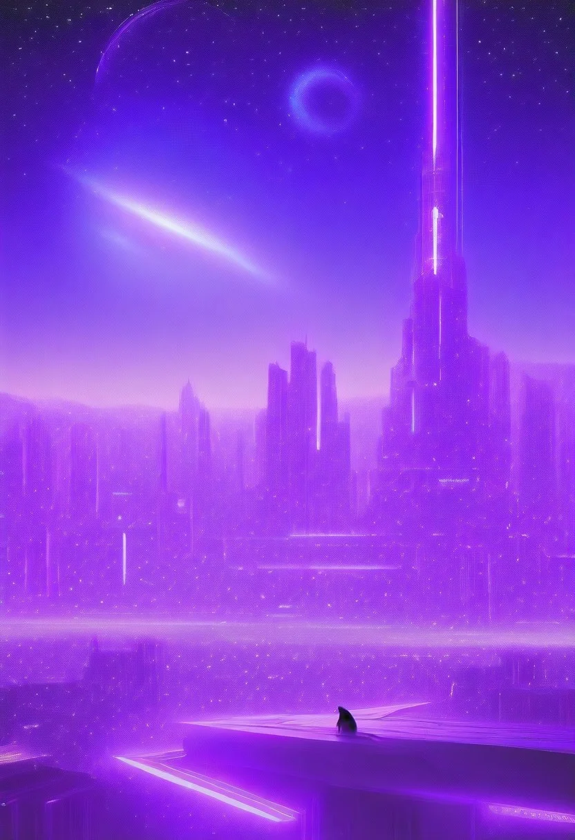High quiality, high resolution, high definition,
Magical city with skyscrapers, a planet with purple colors and lines that emit white light surrounded by a planet ring, with the view from behind a cat looking towards the city, citybkg, anime style, high ilumination, galaxy sky, calid colours, spacial station