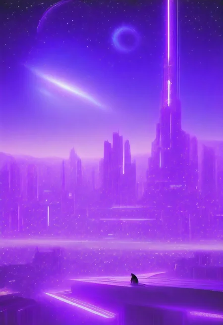 High quiality, high resolution, high definition,
Magical city with skyscrapers, a planet with purple colors and lines that emit white light surrounded by a planet ring, with the view from behind a cat looking towards the city, citybkg, anime style, high ilumination, galaxy sky, calid colours, spacial station