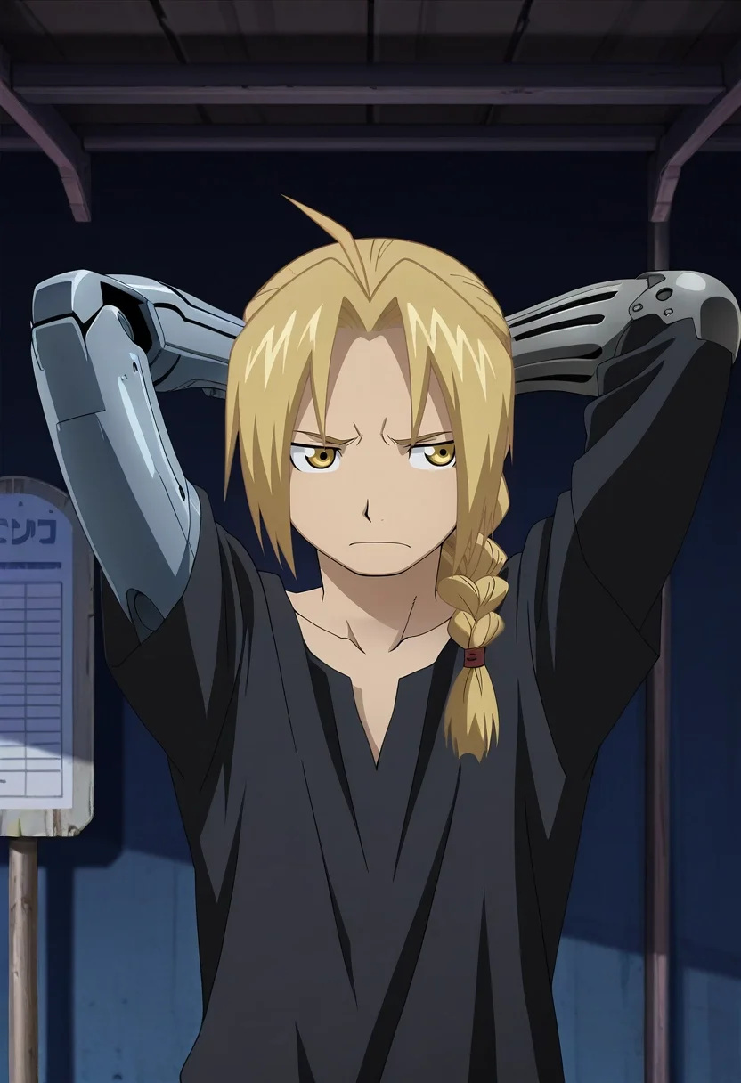 masterpiece, best quality, , anime screencap, , , , 1boy, solo, male focus, <lora:edward_elric_ilxl:0.96>, edward_elric, blonde hair, yellow eyes, single braid, braided ponytail, single mechanical arm, aged up, asymmetrical, bus stop, dark, arms behind head, sad