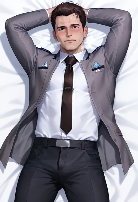 safe_pos, perfect anatomy, perfect proportions, best quality, masterpiece, high_resolution, high quality, best quality, best aesthetic, incredibly absurdres, highres, extremely detailed, huge filesize, male focus, solo male, adult, mature, masculine, handsome, charming, alluring, gay, bara, detailed face, middle aged, Connor, RK800, semi-formal grey jacket, white shirt, dark necktie, dark pants, footwear, BREAK full body, feet in frame, lying on back, from above, white sheet, dakimakura, solo, hand behind head, outstretched legs, randon pose, seductive pose, look at viewer, lewd expression, aroused face, flushed face, enticed, bashful, blush lines, intense blushing, embarrassed, heavy breathing, steamy, horny, lustful, simple white background, dramatic lighting, homoerotic,
