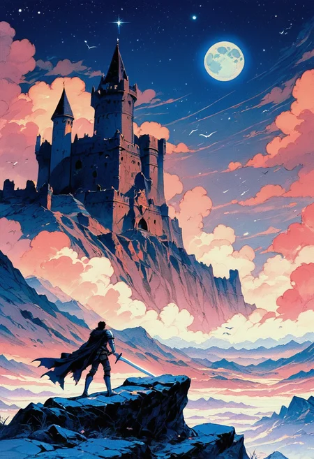 (score_9, score_8_up), score_7_up, short hair, black hair, 1boy, holding, standing, full body, weapon, male focus, boots, outdoors, sky, sword, cloud, from behind, cape, holding weapon, armor, torn clothes, fur trim, night, bird, holding sword, moon, cloudy sky, shoulder armor, gauntlets, sheath, star (sky), scenery, full moon, pauldrons, rock, mountain, fantasy, black cape, greaves, castle, tower, cliff, guts (berserk), retro
<lora:nostalgia-000011:0.8>
