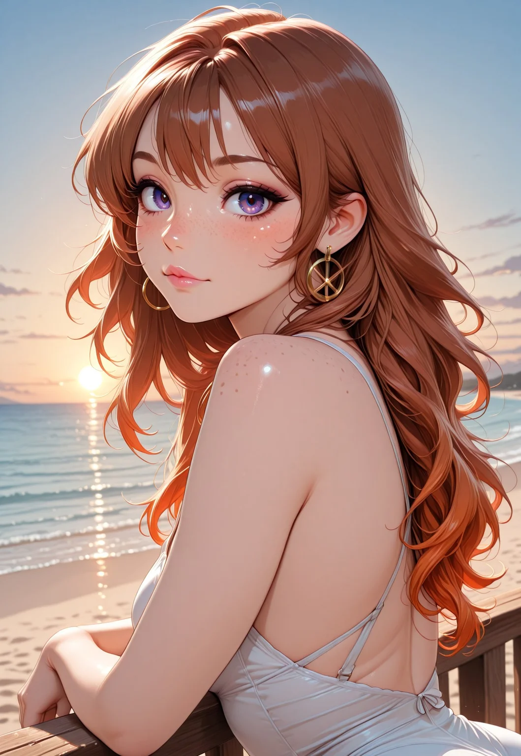 Beautiful, ultra high quality, very detailed, 8k, detail focus, civchan,( auburn  gradient hair:1.3), medium wavy hair, cute face, perfect face, purple eyes, small nose, soft features, perfect makeup, pink lipstick, lip gloss, eyeliner, mascara, eyelashes, perfect skin, blush, gold hoop earrings, necklace, enticing look, lustful,  sexy, attractive, (zoomed out:1.2), masterpiece, highest quality, 1girl, freckles ,( body turned to side:1.2), (face turned toward viewer:1.2), side profile of ass, leaning on wooden railing, beach background, sunset, beautiful sky
