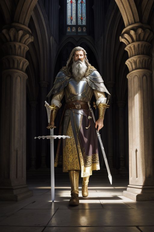 knight, armor, censer, incense, cathedral, bastard sword, holding sword, man, bearded, brown and hair, brown and grey beard, short beard, cross, pillars, marble structure, divine light, walking, journey, shadows, light shafts
