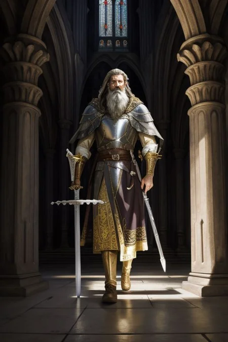 knight, armor, censer, incense, cathedral, bastard sword, holding sword, man, bearded, brown and hair, brown and grey beard, short beard, cross, pillars, marble structure, divine light, walking, journey, shadows, light shafts