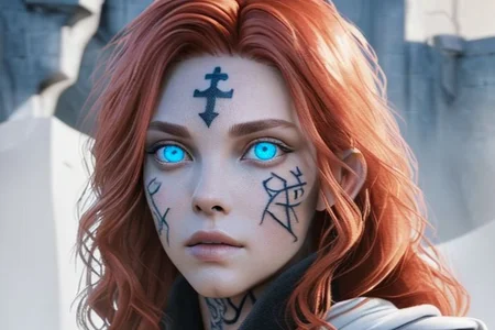 bright red hair, human female, (feminine:1.7), (beautiful face, detailed face:1.6), (beautiful eyes, detailed eyes:1.7), (looking at viewer, eye contact, intense:1.6), (long hair, red hair, curly hair:1.3), , ((masterpiece, best quality, high resolution, realistic, best quality,)), photo realistic, Perfect Face, (detailed face). <lora:GoodHands-vanilla:0.6> <lora:add-detail-xl:0.8>, mage, (Dress White military uniform coat), dagger, rune dagger, glowing runes, , (((glowing magic symbols tattoos, religious tattoos))), ((face tattoos)), glowing tattoos, stone tower in the background