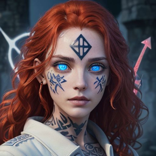 bright red hair, human female, (feminine:1.7), (beautiful face, detailed face:1.6), (beautiful eyes, detailed eyes:1.7), (looking at viewer, eye contact, intense:1.6), (long hair, red hair, curly hair:1.3), , ((masterpiece, best quality, high resolution, realistic, best quality,)), photo realistic, Perfect Face, (detailed face). <lora:GoodHands-vanilla:0.6> <lora:add-detail-xl:0.8>, mage, (Dress White military uniform coat), dagger, rune dagger, glowing runes, , (((glowing magic symbols tattoos, religious tattoos))), ((face tattoos)), glowing tattoos, stone tower in the background