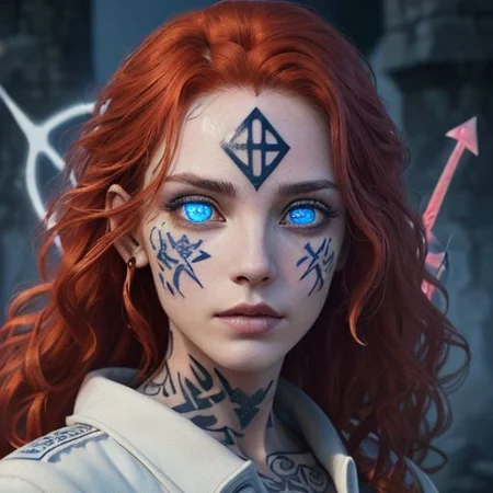 bright red hair, human female, (feminine:1.7), (beautiful face, detailed face:1.6), (beautiful eyes, detailed eyes:1.7), (looking at viewer, eye contact, intense:1.6), (long hair, red hair, curly hair:1.3), , ((masterpiece, best quality, high resolution, realistic, best quality,)), photo realistic, Perfect Face, (detailed face). <lora:GoodHands-vanilla:0.6> <lora:add-detail-xl:0.8>, mage, (Dress White military uniform coat), dagger, rune dagger, glowing runes, , (((glowing magic symbols tattoos, religious tattoos))), ((face tattoos)), glowing tattoos, stone tower in the background