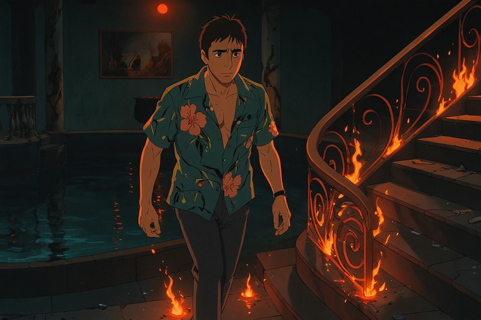 cinematic still, Tony Montana, descending a grand staircase in an open floral shirt, each step leaving embers, medium shot, three-quarter angle, setting: sunken pool office with black water and flaming stair rail, mood of sudden dread and shattered serenity, underlighting from pool glow and overhead red spot, color theme of pool teal, lava orange, and graphite, style reference 1980s Studio Ghibli–inspired Japanese animation still
