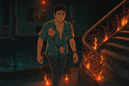 cinematic still, Tony Montana, descending a grand staircase in an open floral shirt, each step leaving embers, medium shot, three-quarter angle, setting: sunken pool office with black water and flaming stair rail, mood of sudden dread and shattered serenity, underlighting from pool glow and overhead red spot, color theme of pool teal, lava orange, and graphite, style reference 1980s Studio Ghibli–inspired Japanese animation still