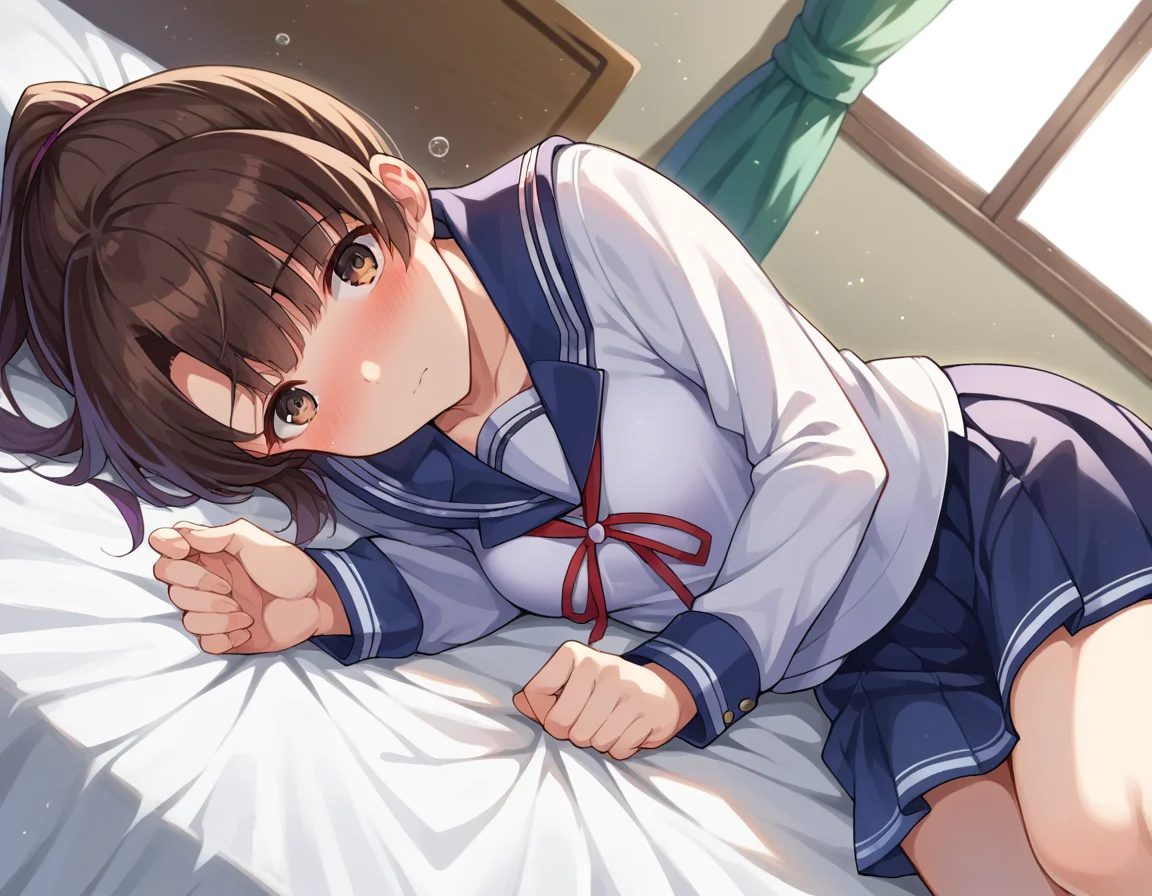 score_9, score_8_up, score_7_up, source_anime,
megumikatou, <lora:megumi-katou-ponyxl-lora-nochekaiser:1>
megumi katou, brown hair, brown eyes,
long hair, ponytail, miniskirt, school uniform, skirt, sailor uniform, serafuku,
indoors, bed, bed room, on side, blush, drunk,
looking at viewer, dutch angle, cowboy shot,