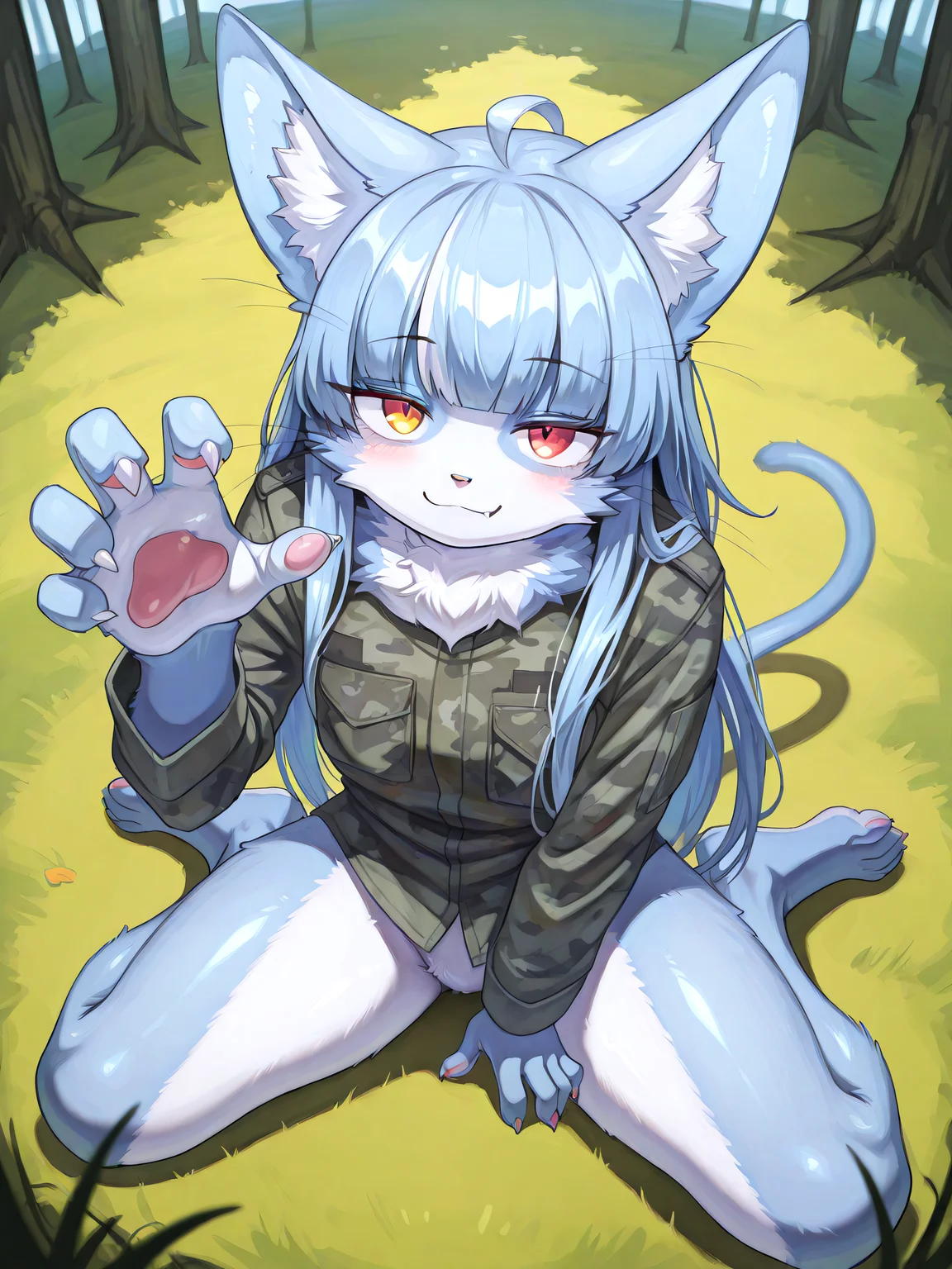 omaneko, open arms, pawpads, sitting, claw pose, from above, closed mouth
outdoors, looking at viewer, smile, military shirt,
masterpiece, best quality, amazing quality, very aesthetic, absurdres, highres, extremely detailed, hyper detail, intricate details <lora:omaneko:1>