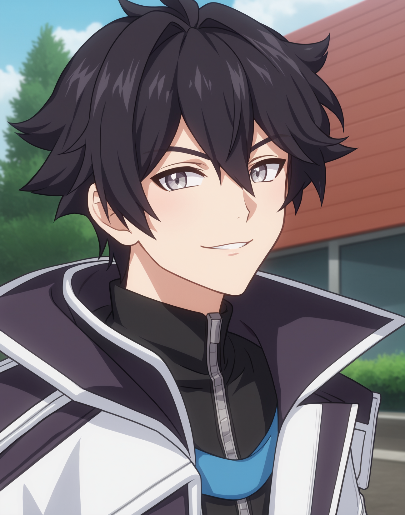 score_9, score_8_up, source_anime, anime screencap, original style, BREAK, rating_safe, <lora:ercnard_sieghart_pony:0.8>, ercnard_sieghart_pony, black hair, gray eyes, short hair, hair between eyes, 1boy, solo, male focus, portrait, cowboy shot, jacket on shoulders, outdoors, looking at viewer,