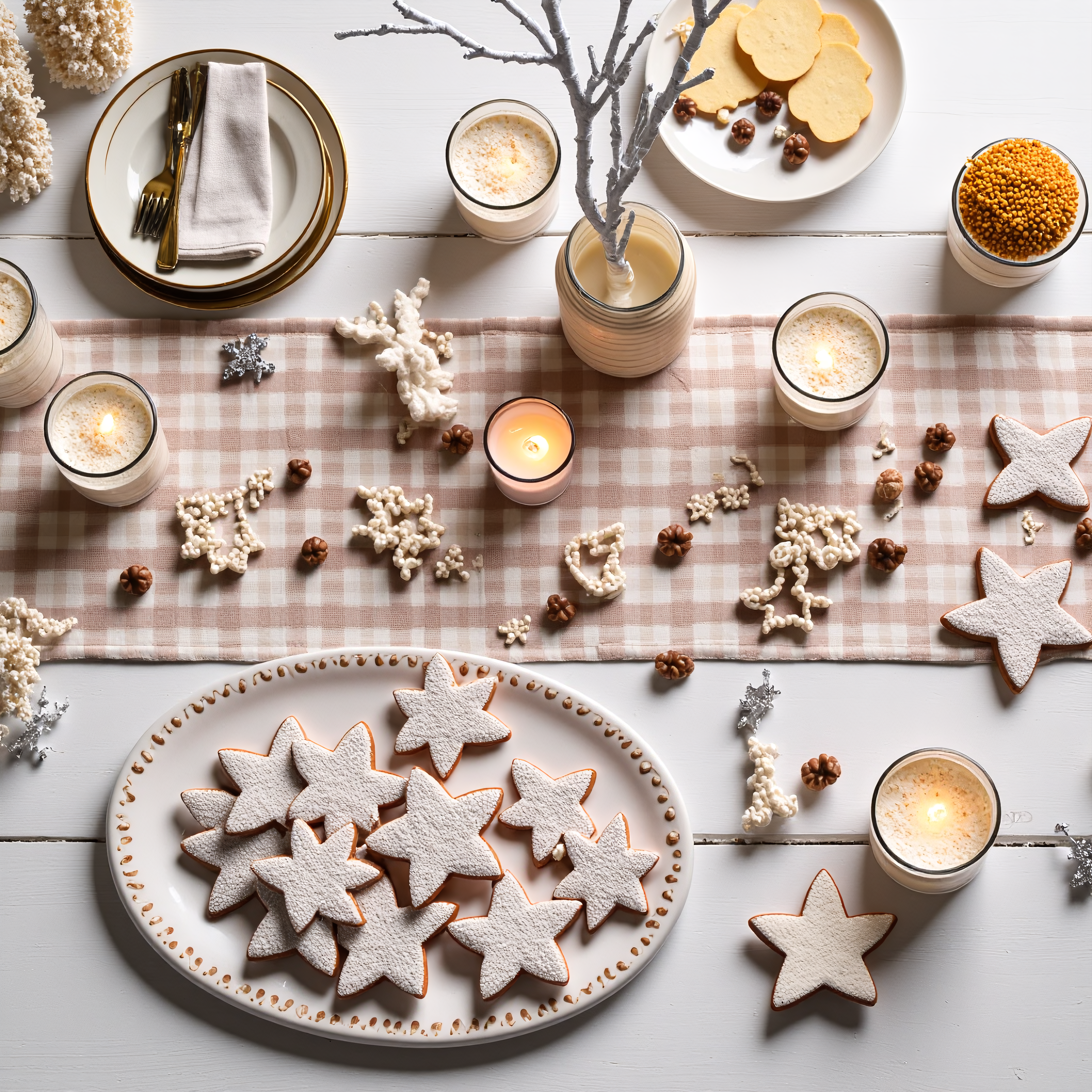 A high-angle, full shot of a festive holiday table setting.  The table is light-white wooden planks. A beige and cream gingham tablecloth is laid out, with several small, sugar-dusted snowflake-shaped cookies and star-shaped cookies arranged on decorative plates scattered across the table.  Several glasses of eggnog are interspersed amongst the cookies. A decorative, rustic, snow-dusted branch with small acorns and cotton balls decorates the center of the table. A cheese ball, served on small crackers, sits on a plate further right on the table. There are several candles in small, clear holders around the table. The dishes and plates used have gold trim, adding a touch of class to the setting. The colors are predominantly light cream, beige, browns, and golds,  with accents of white and hints of spice colors from the eggnog. The image is presented in a hyperrealistic style, capturing the details of the food and decorations, while still maintaining a festive, warm atmosphere. The lighting creates soft shadows and highlights, giving depth and dimension to the image.