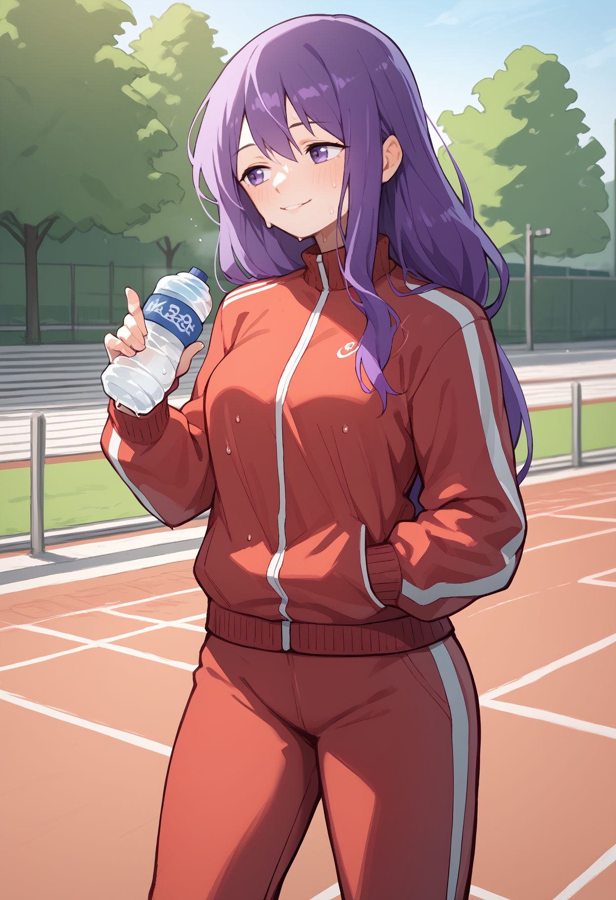 score_9, score_8_up, score_7_up, <break> solo, 1girl, kubo nagisa, sweat, light smile, looking away, standing, holding water bottle, long hair, purple hair, purple eyes, track suit, red jacket, track jacket, red pants, outdoors, park
<segment:yolo-face_yolov8m.pt,0.4,0.5//cid=1>