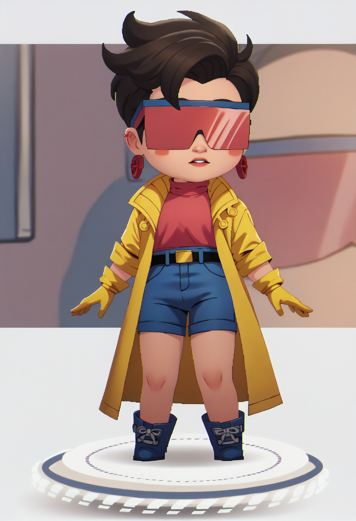 score_9, score_8_up, score_7_up, 1girl, solo, clamJBLee97, cJsunglasses, yellow coat, yellow gloves, pink shirt, turtleneck, blue shorts, belt, blue boots, earrings <lora:clamJubilee_xmen97PDXL:0.8> <lora:chibi-nikke-richy-v1_pdxl:1> chibi, standing, full body