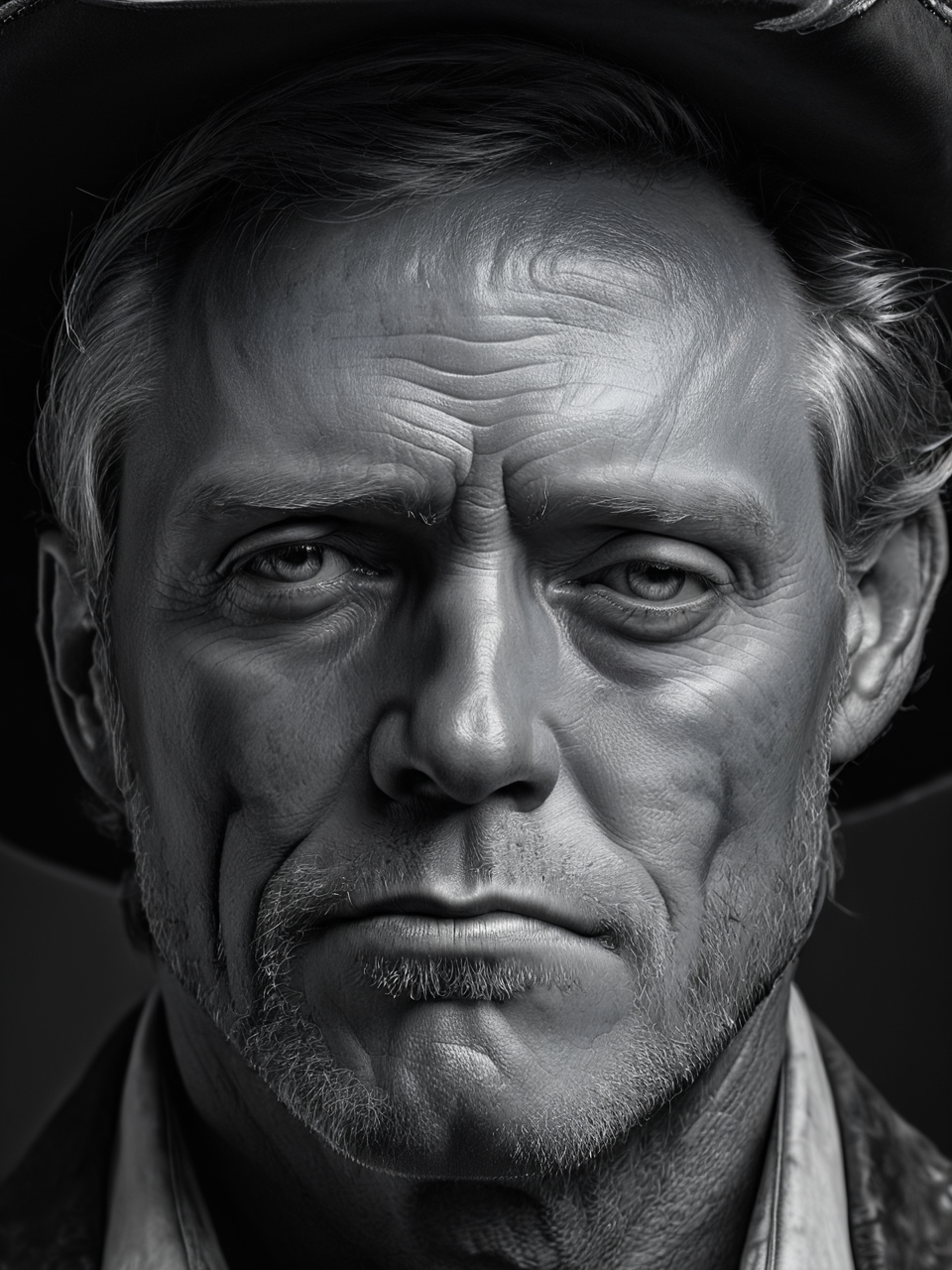 Black and white photograï¼On dark background, western cowboy half-size close-up, hyper-realism ((master work: 1.5), National Geographic photo, award-winning photo, realism, excellent work, highest quality, rich detail, panorama, sharpness, high contrast. (Film Grain: 1.4), Studio Lighting, Face Close-up, Clear Pores, Monochrome Background (Realistic: 1.2), Best Quality, Masterpiece, Ultra High Resolution. ï¼
 <lora:é²åä¸æ´¾@é»ç½æå½±SDXL:1>