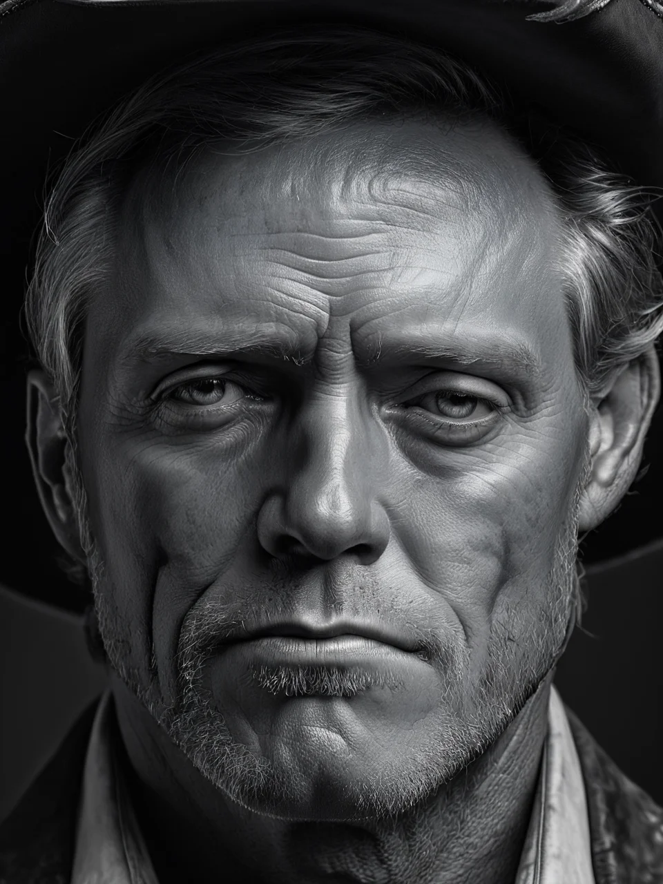 Black and white photograï¼On dark background, western cowboy half-size close-up, hyper-realism ((master work: 1.5), National Geographic photo, award-winning photo, realism, excellent work, highest quality, rich detail, panorama, sharpness, high contrast. (Film Grain: 1.4), Studio Lighting, Face Close-up, Clear Pores, Monochrome Background (Realistic: 1.2), Best Quality, Masterpiece, Ultra High Resolution. ï¼
 <lora:é²åä¸æ´¾@é»ç½æå½±SDXL:1>