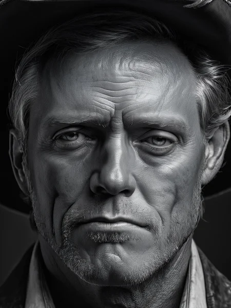 Black and white photograï¼On dark background, western cowboy half-size close-up, hyper-realism ((master work: 1.5), National Geographic photo, award-winning photo, realism, excellent work, highest quality, rich detail, panorama, sharpness, high contrast. (Film Grain: 1.4), Studio Lighting, Face Close-up, Clear Pores, Monochrome Background (Realistic: 1.2), Best Quality, Masterpiece, Ultra High Resolution. ï¼
<lora:é²å䏿´¾@é»ç½æå½±SDXL:1>