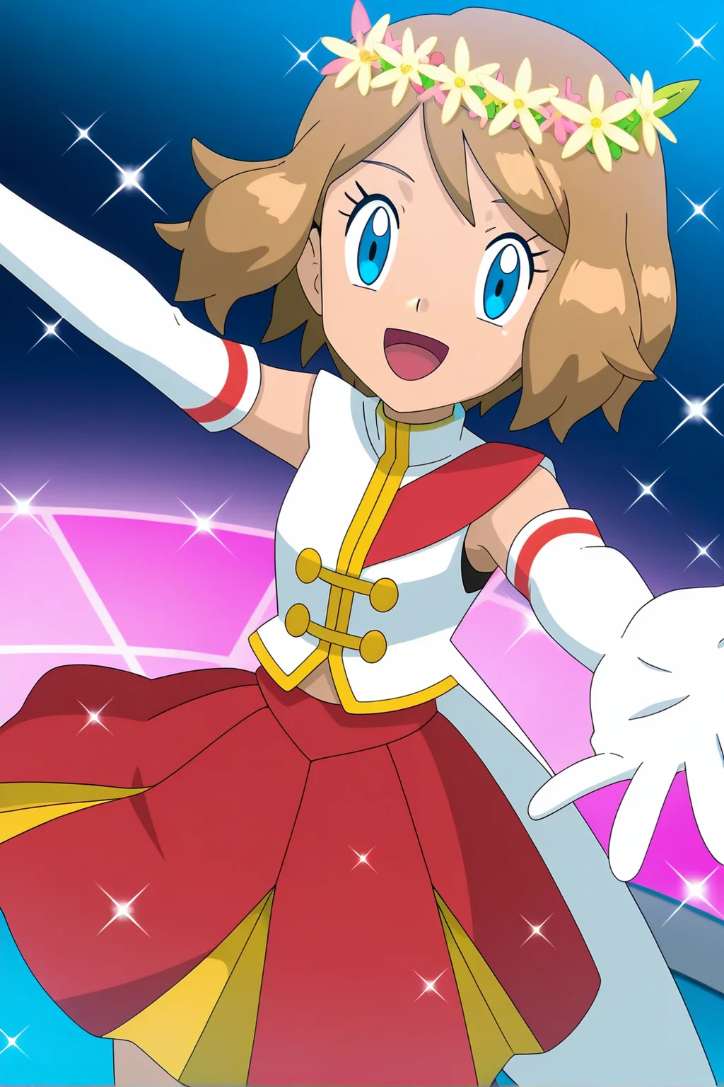 anime, anime screencap, pokemon, serenadorixlc, 1girl, solo, looking at viewer, smile, short hair, open mouth, blue eyes, skirt, brown hair, gloves, flower, :d, tongue, elbow gloves, white gloves, eyelashes, sparkle, red skirt, light brown hair, outstretched arms, serena \(pokemon\
<lora:Serena_doridorich:1>