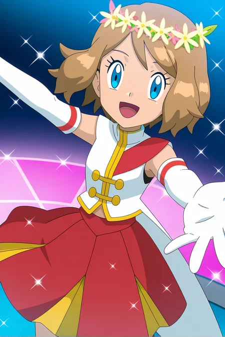 anime, anime screencap, pokemon, serenadorixlc, 1girl, solo, looking at viewer, smile, short hair, open mouth, blue eyes, skirt, brown hair, gloves, flower, :d, tongue, elbow gloves, white gloves, eyelashes, sparkle, red skirt, light brown hair, outstretched arms, serena \(pokemon\
<lora:Serena_doridorich:1>