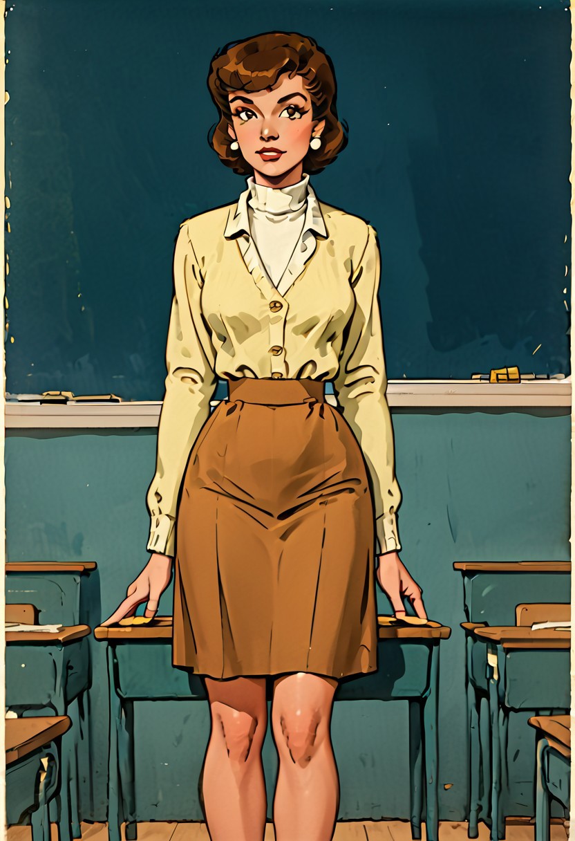 solo, looking at viewer, looking at me, classroom, chalkboard, desk, decarloxl, retro colors, 60s, G0080T, 1girl, brown eyes, brown hair, short hair, earrings, cardigan, white turtleneck sweater, brown skirt, sandals,