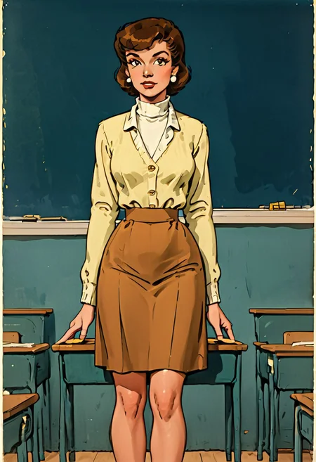 solo, looking at viewer, looking at me, classroom, chalkboard, desk, decarloxl, retro colors, 60s, G0080T, 1girl, brown eyes, brown hair, short hair, earrings, cardigan, white turtleneck sweater, brown skirt, sandals,