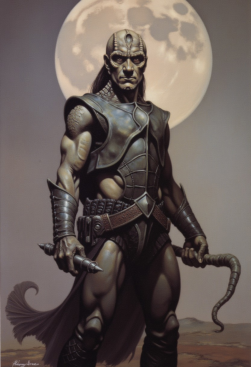 frank frazetta dark fantasy oil painting of a male Cardassian alien with gray skin, forehead crest, neck ridges and scales, wearing heavy sci-fi battle armor