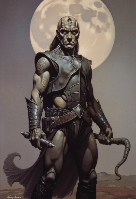 frank frazetta dark fantasy oil painting of a male Cardassian alien with gray skin, forehead crest, neck ridges and scales, wearing heavy sci-fi battle armor