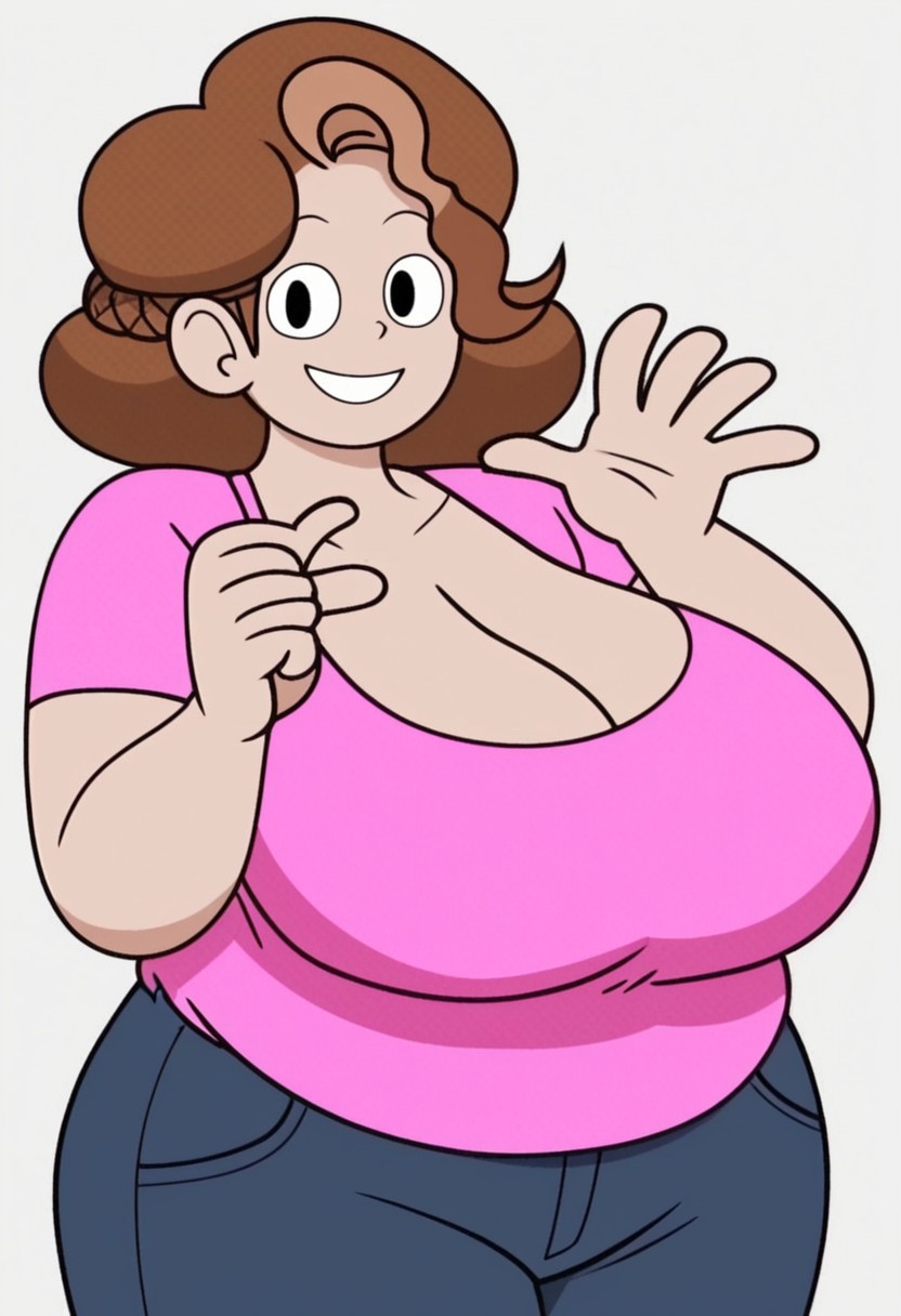 (score_9 | score_8_up | score_7_up) ((masterpiece:1))(best quality,very high quality,ultra detailed:1.2) (2D,cartoon style,anime style)(Smooth:2)(clean blurring) (four fingers on each hand,one thumb on each hand:1),1female,sole female,black eyes,perfect face,accurate,screencap,looking at viewer,,dot eyes,huge breasts,bbw,fat,brown hair,pink shirt,pants,smile,full clothed,,cleavage